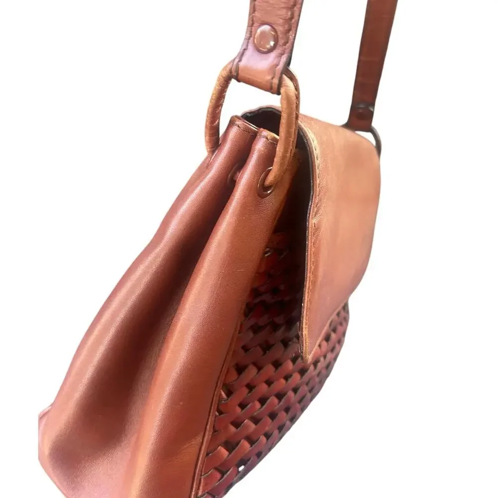 Genuine Leather Woven Crossbody Bag Brown Cognac Boho Vintage Shoulder Purse